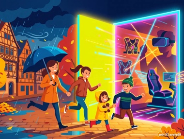 Illustration, mit KI erstellt: Familie läuft aus dem Herbstregen in die Funderground-Welt