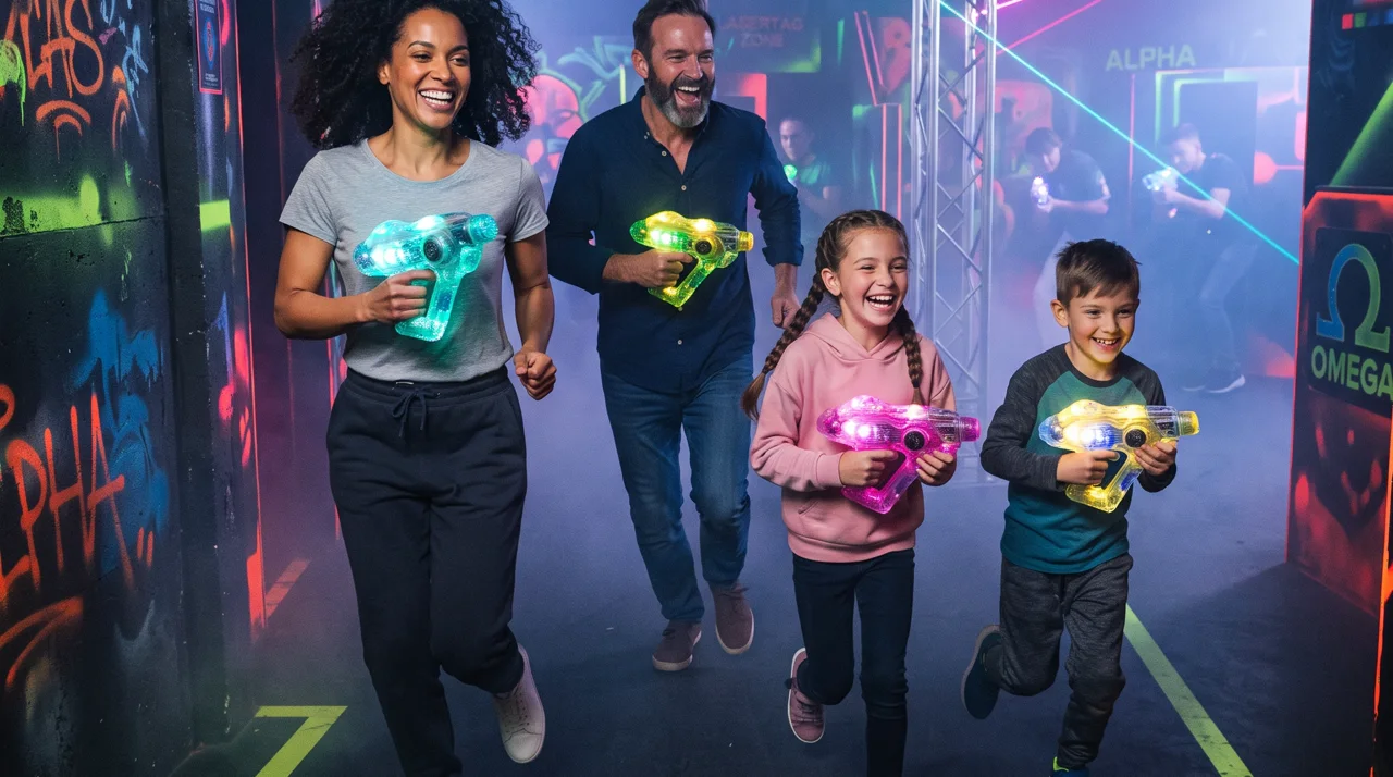 Familie spielt gemeinsam Laserplay in der Kids-Arena (KI-Bild)